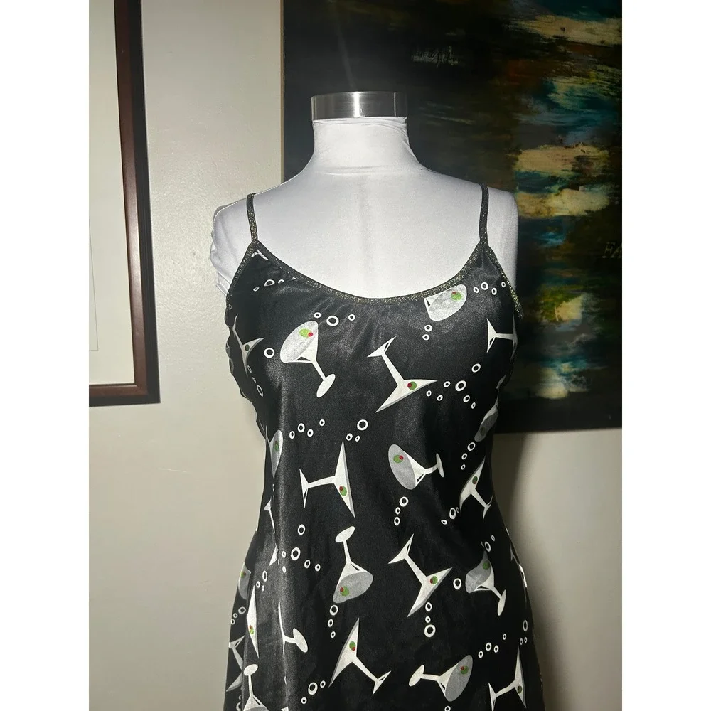 Vintage Martini Print Slip Dress Medium Black Cocktail Glass Glitter Trim